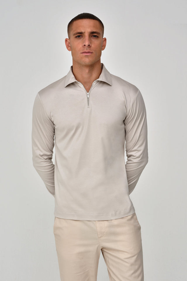 VALENZA SUPIMA ZIP POLO LONG SLEEVE PEARL GREY - Hombre Amsterdam