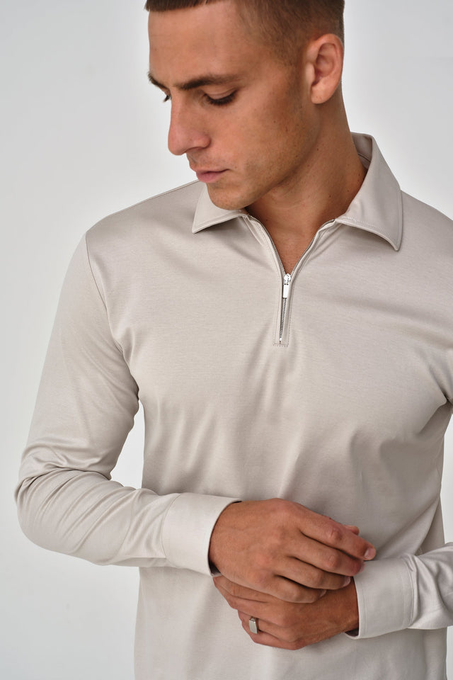 VALENZA SUPIMA ZIP POLO LONG SLEEVE PEARL GREY - Hombre Amsterdam